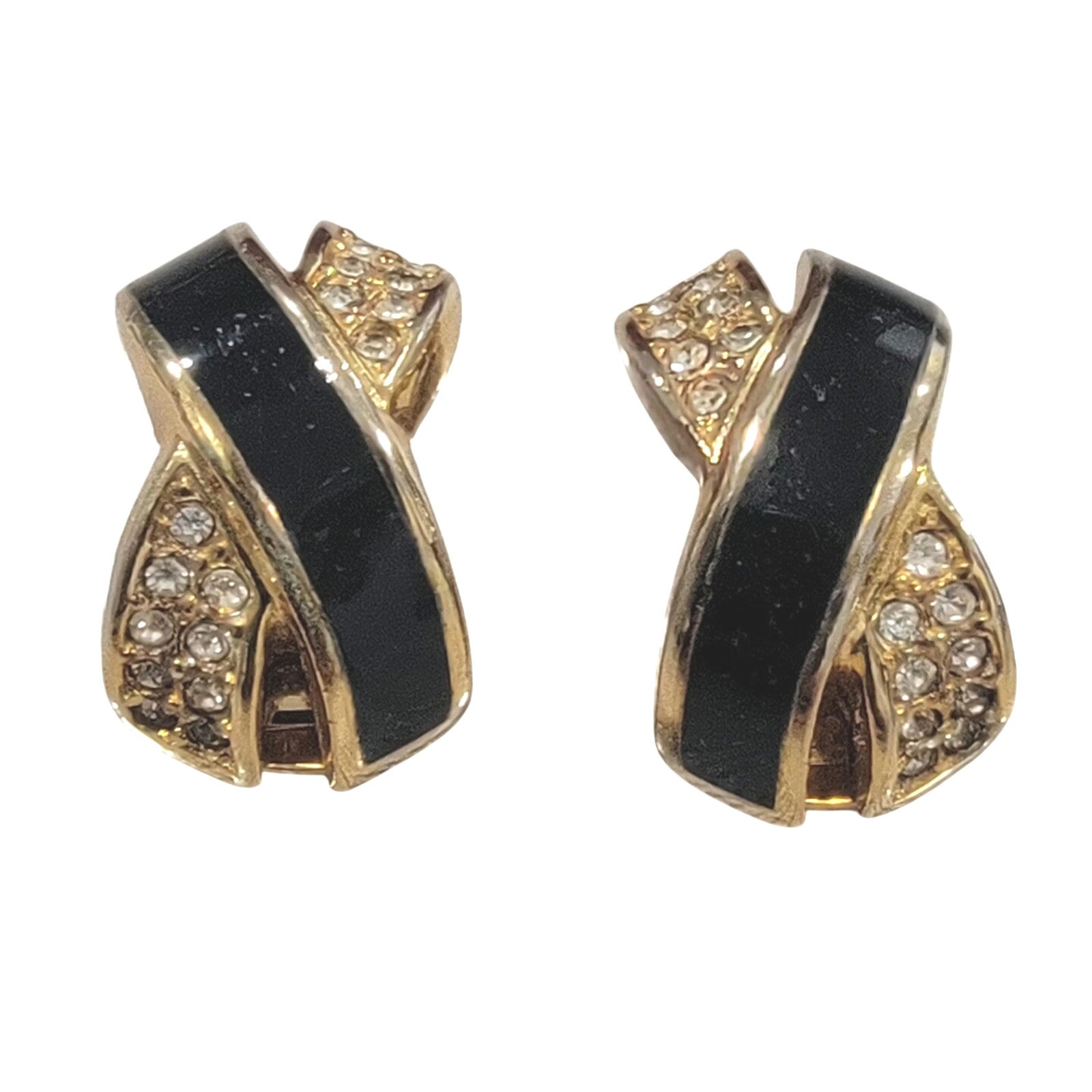 Christian Dior Black Enamel Gold Toned Round Crystal X Design Clip-On Earrings 58$